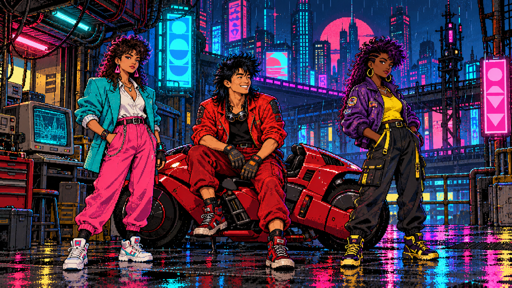 Original pixel art crew: a hacker, mechanic and pilot in eighties clothes and mullets, in a neon city