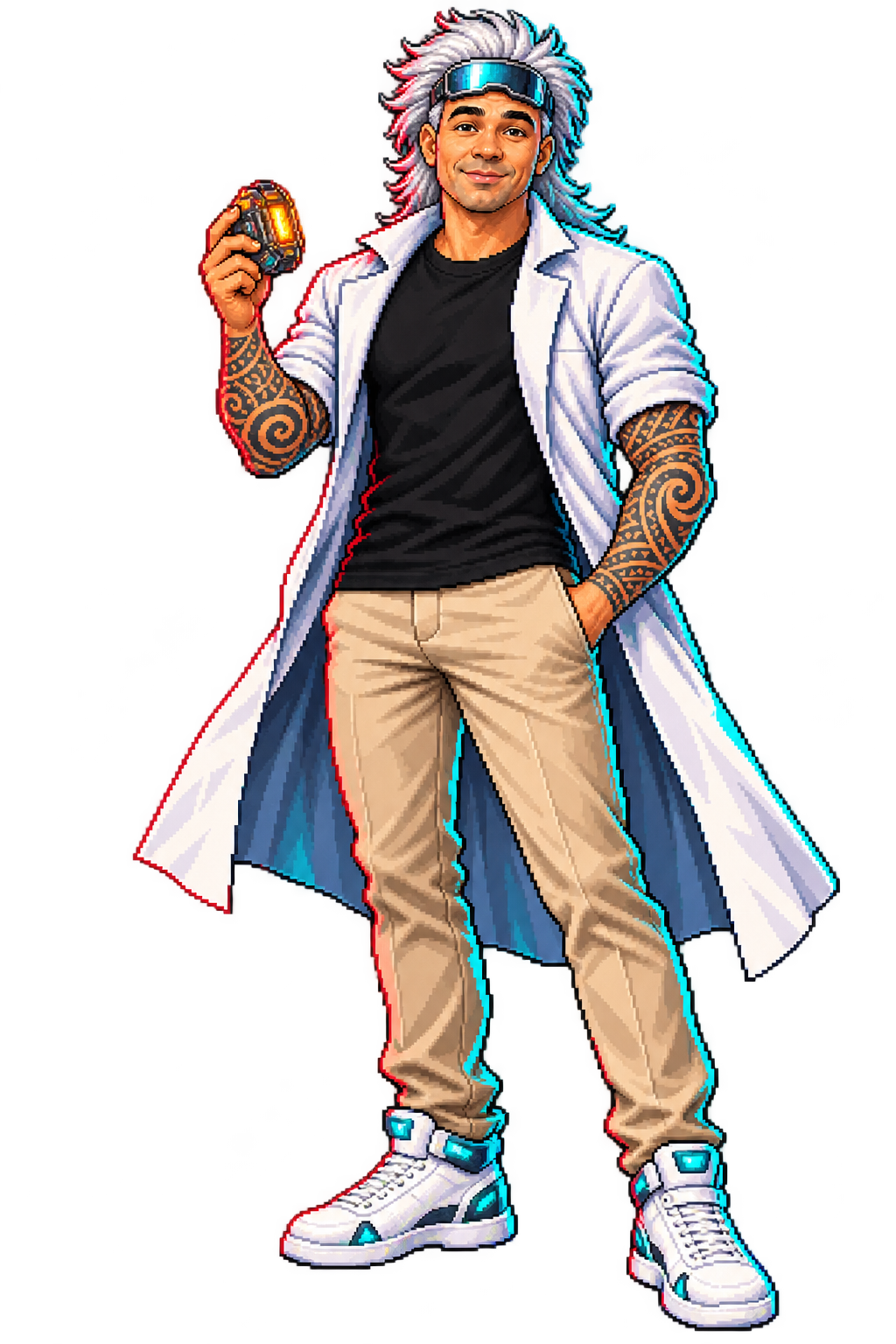 32-bit arcade Klyff with wild silver Doc Brown hair, an eighties mullet, white scientist coat and tattoos on both arms