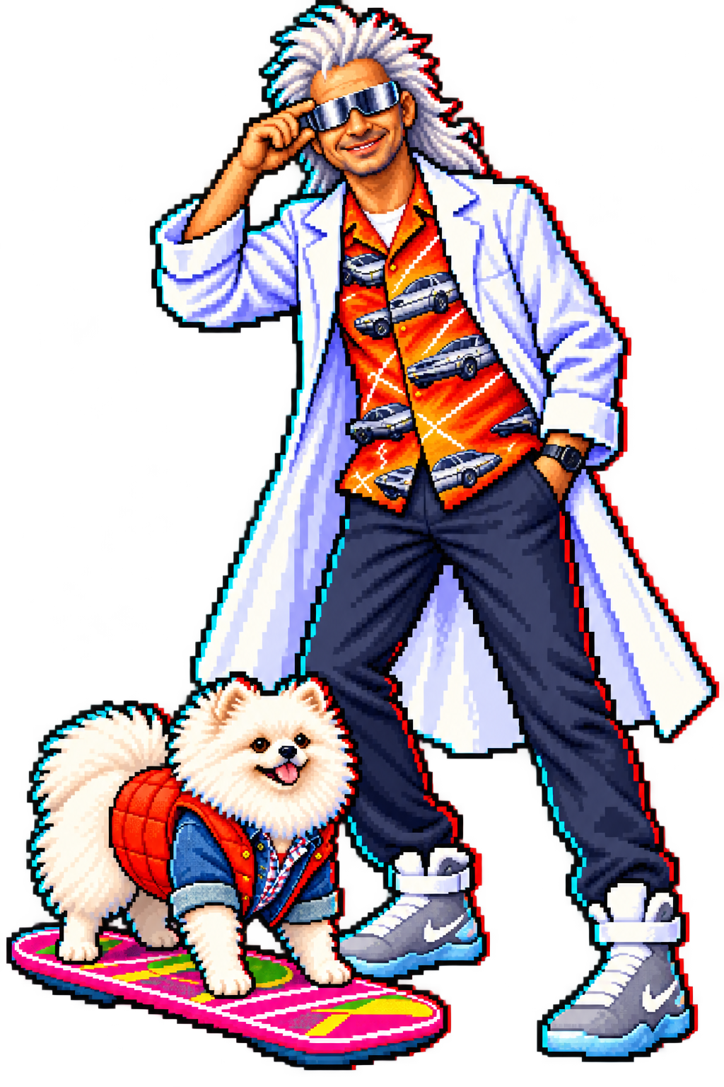 32-bit arcade pixel art of Klyff as a time-travel scientist with silver glasses, and white Chimbler in a red vest on a pink hoverboard