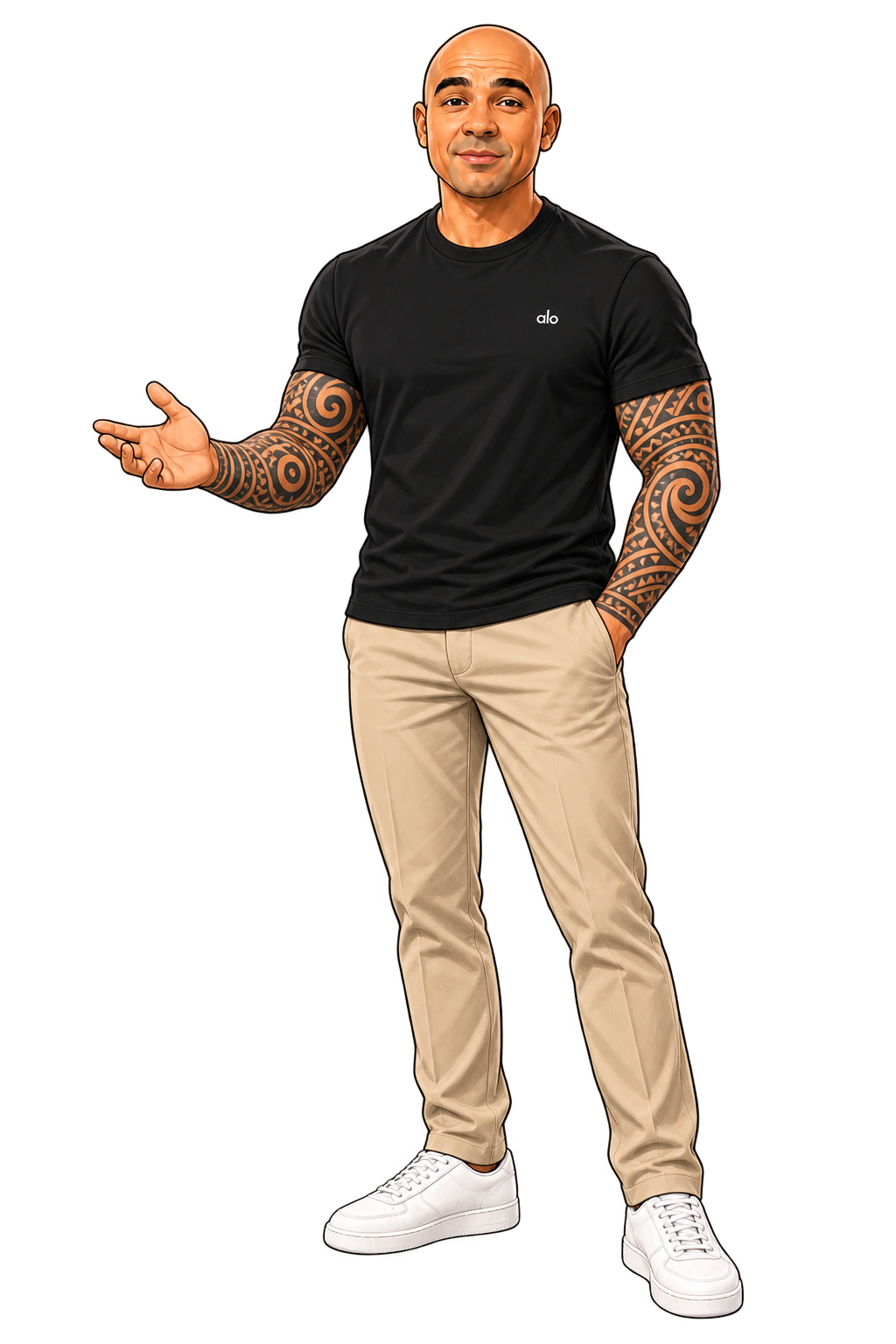 Full-body illustrated Klyff Harlley in a black Alo T-shirt, twill trousers and white leather sneakers, with Maori-inspired tattoos on both arms