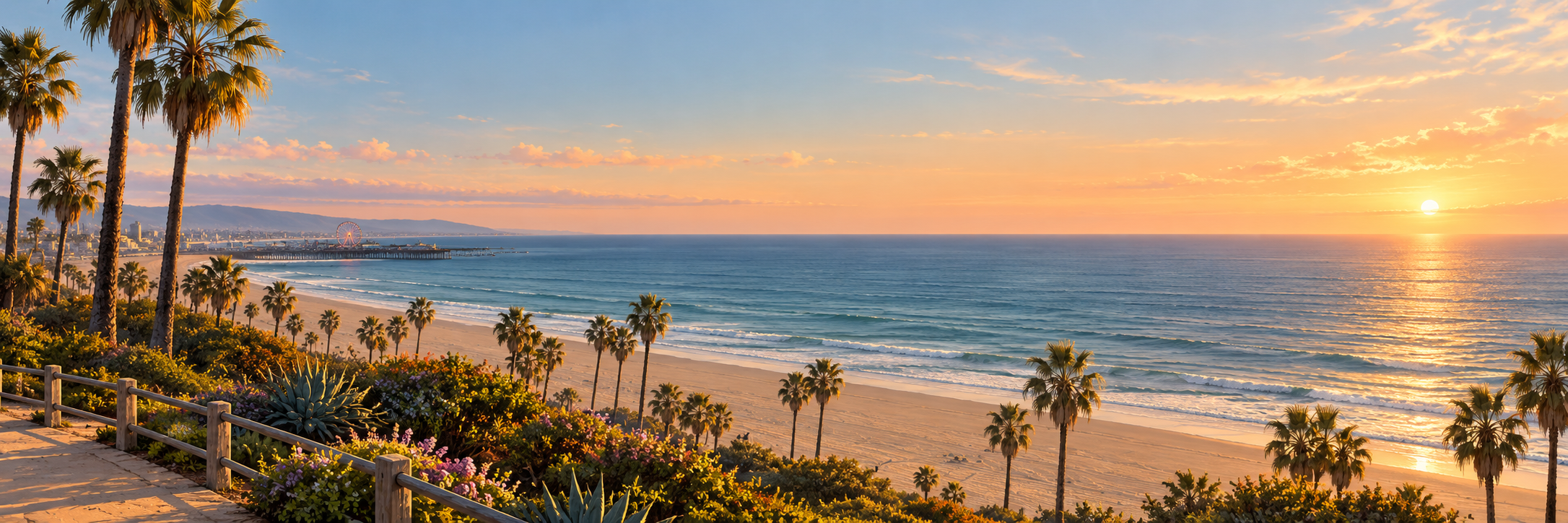 Illustrated sunset view toward Santa Monica beach and pier from Palisades Park